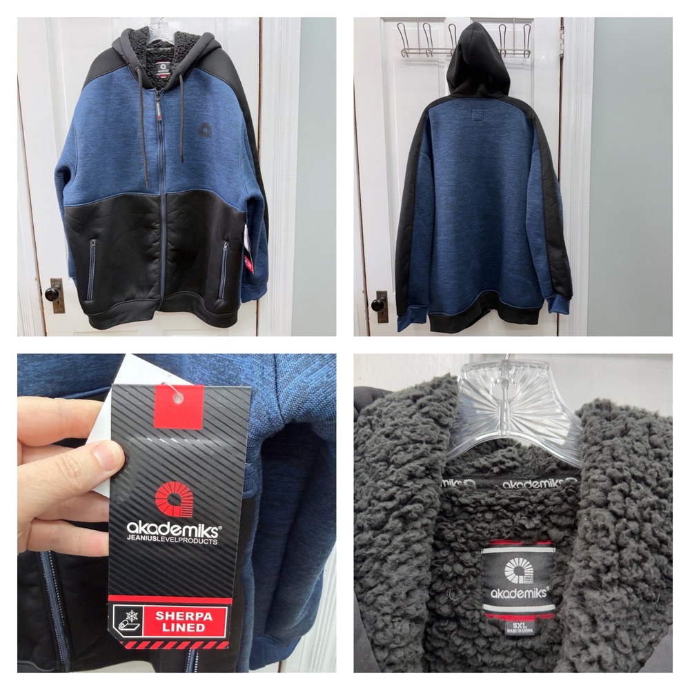 Akademiks Men 5XL Blue Black Sherpa Lined Zip Up Hoodie Jacket NWT Big and Tall